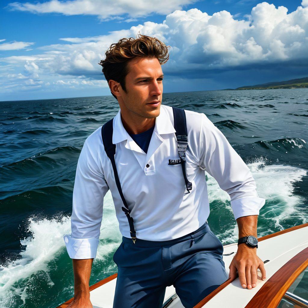 A confident sailor on a sleek yacht, expertly navigating through choppy waters, surrounded by lush coastal scenery. Waves splashing against the hull, with a partially cloudy sky hinting at changing weather, and essential safety gear visible on deck. The atmosphere radiates adventure and calm decision-making. super-realistic. vibrant colors. playful contrast between the ocean and sky.