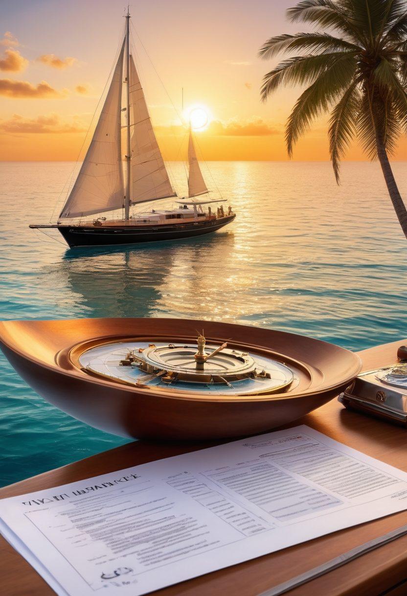 A luxurious yacht sailing smoothly on crystal-clear waters, with a sunset casting warm hues across the sky. In the foreground, a thoughtful person reviewing a document titled 'Yacht Insurance Options' while surrounded by nautical elements like a compass and navigation tools. The background features an idyllic coastline with palm trees. super-realistic. vibrant colors. serene atmosphere.