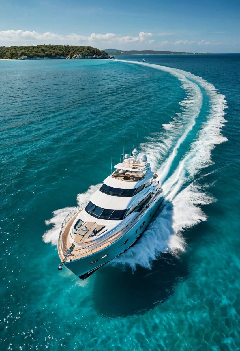 A luxurious yacht gliding through crystal-clear turquoise waters, with a serene coastline in the background, showcasing various forms of protection: a shield made of gold overlaying the yacht, symbolizing comprehensive coverage. Include elements of sunlight reflecting on the waves, bright blue skies, and subtle nautical accessories like life preservers and ropes, enhancing the theme of security and investment. super-realistic. vibrant colors. 3D.